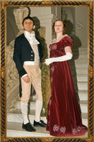 Klasyczna empirowa suknia balowa z czerwonego aksamitu, noszona na krtki gorset. 1810-1815