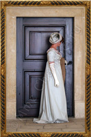 Suknia z kopertowym stanikiem, noszona jako suknia dzienna lub popoudniowa, 1805-1810.