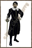 English costume - Wams and trousers with haberdashery trimmings. <br>
        Collar and cuffs with lace